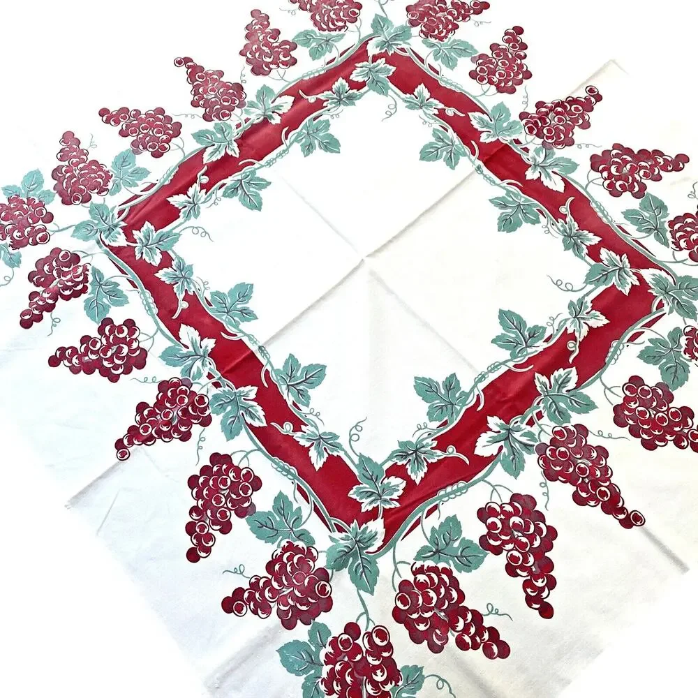 Vintage Mid Century Printed Cotton Tablecloth Red & Mint Green Grapevine Border